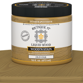 Retique It Liquid Wood Wood'n Stain in Old Oak, 16 oz, showcasing the wood stain's natural finish and rich oak color.