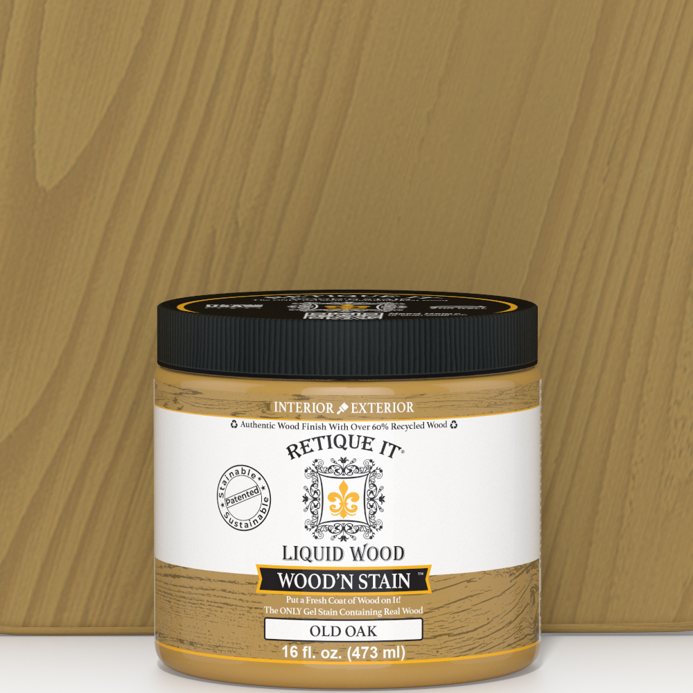 Retique It Liquid Wood Wood'n Stain in Old Oak, 16 oz, showing the rich wood stain in a jar with a natural wood finish