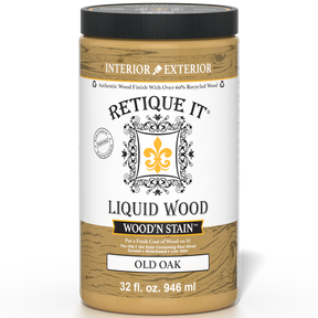 Liquid Wood Wood'n Stain in Old Oak by Retique It, 32 oz bottle, showcasing the stain's rich wood tone for furniture and craft projects.
