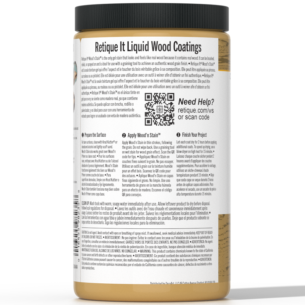 Retique It Liquid Wood Wood'n Stain in Old Oak, 32 oz bottle, showing the stain's rich wood tone and applicator tip.