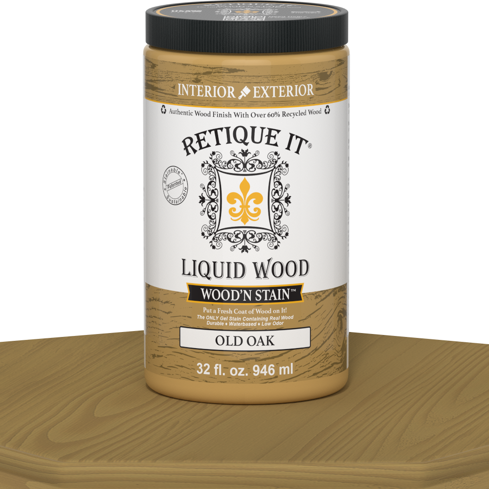 Retique It Liquid Wood Wood'n Stain in Old Oak, 32 oz bottle showing the stain's rich oak color and wood grain detail.