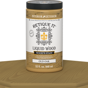 Retique It Liquid Wood Wood'n Stain in Old Oak, 32 oz bottle showing the stain's rich oak color and wood grain detail.