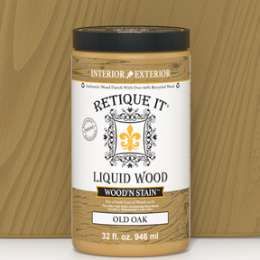 Retique It Liquid Wood Wood'n Stain in Old Oak, 32 oz bottle, showcasing the stain's rich oak color and smooth liquid consistency.