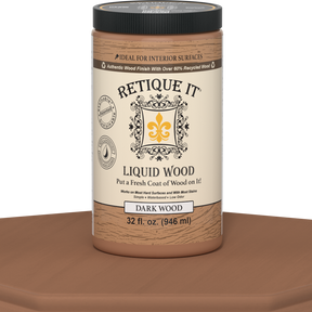 Dark Liquid Wood paint by Retique It®, 32oz interior wood finish on a table surface, showcasing the product's rich dark color and smooth texture.