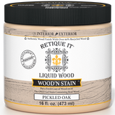 Liquid Wood Wood'n Stain by Retique It in Pickled Oak, 16 oz, showing the stain container and product label.