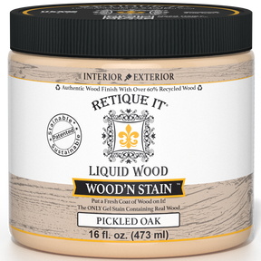 Liquid Wood Wood'n Stain by Retique It in Pickled Oak, 16 oz, showing the stain container and product label.