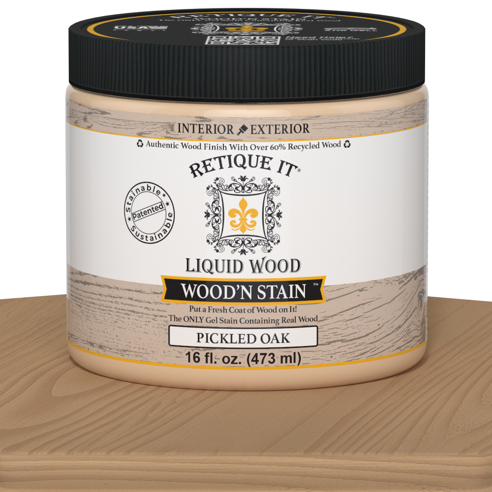 Liquid Wood Wood'n Stain in Pickled Oak by Retique It, 16 oz bottle, showing the stain's color and packaging.