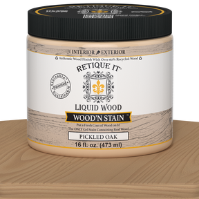 Liquid Wood Wood'n Stain in Pickled Oak by Retique It, 16 oz bottle, showing the stain's color and packaging.