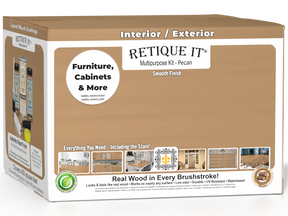 Retique It® wood finish kit with four large Pecan interior top coat bottles in a box for multi-purpose smooth wood finishing.