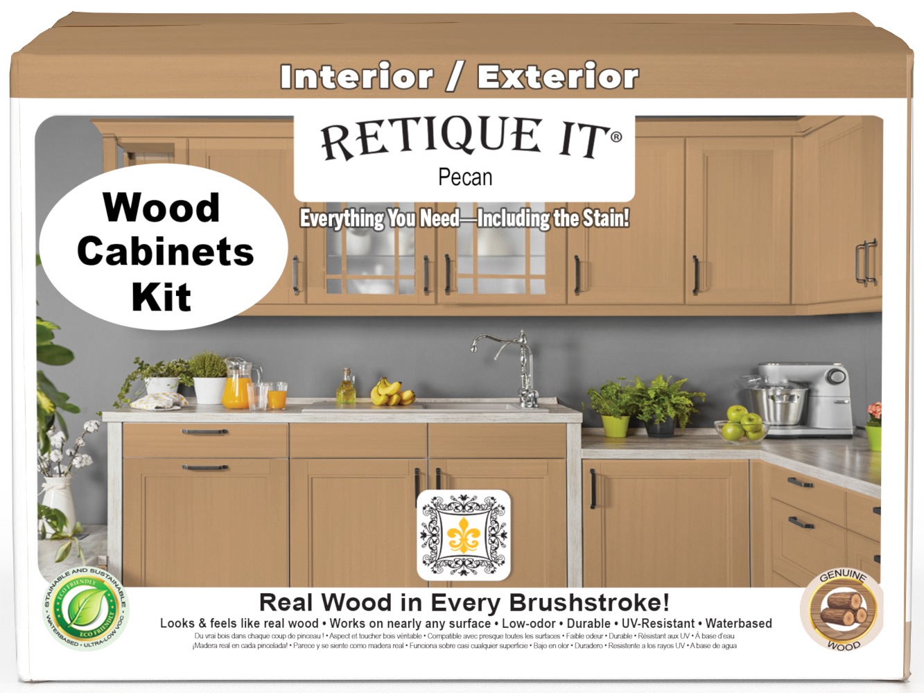 Retique It® Wood'n Cabinet Kit in Pecan with 48 smooth cabinet doors, showcasing a natural wood stain finish.