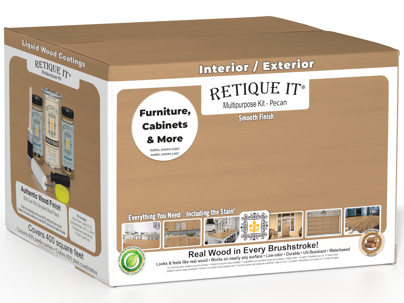 Retique It® Multi-purpose Smooth Finish Kit with four large Pecan exterior top coats in matte for wood finishing projects.