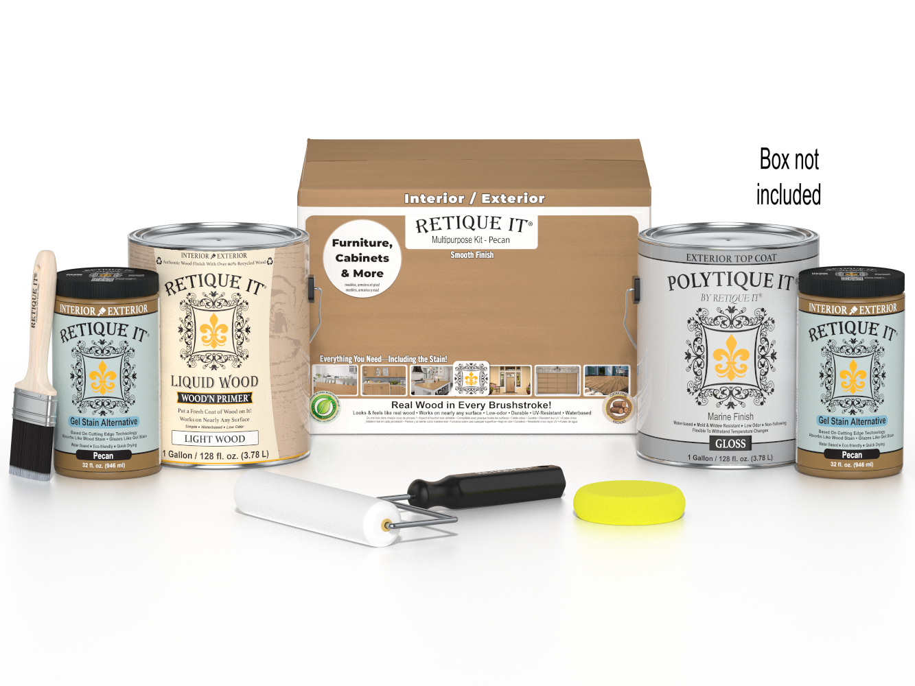 Retique It® multi-purpose wood finish kit with four large Pecan exterior top coats in a smooth, matte finish.