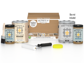 Retique It® multi-purpose wood finish kit with four large Pecan exterior top coats in a smooth, matte finish.