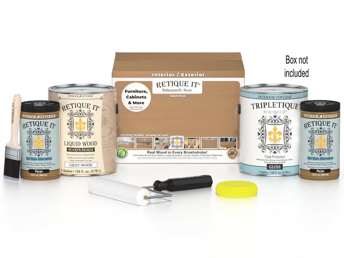 Retique It Multi-purpose Smooth Finish Kit in Pecan for interior wood projects, shown with four large top coat bottles.
