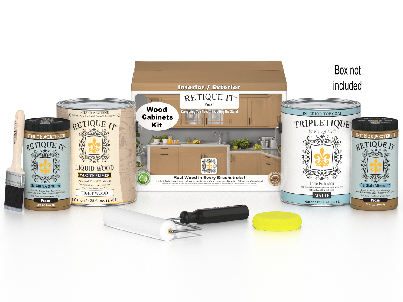 Retique It® Wood'n Cabinet Kit with 48 smooth pecan-stained cabinet doors, showcasing natural wood finish and stain details.