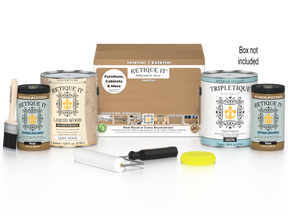 Retique It® multi-purpose wood finish kit with four large pecan-colored interior top coat bottles and applicator tools.