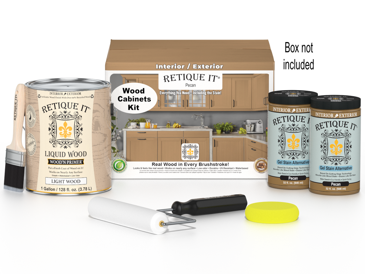 Retique It® Wood'n Cabinet Kit with 48 smooth Pecan stain doors, ideal for kitchen or bathroom cabinet updates.