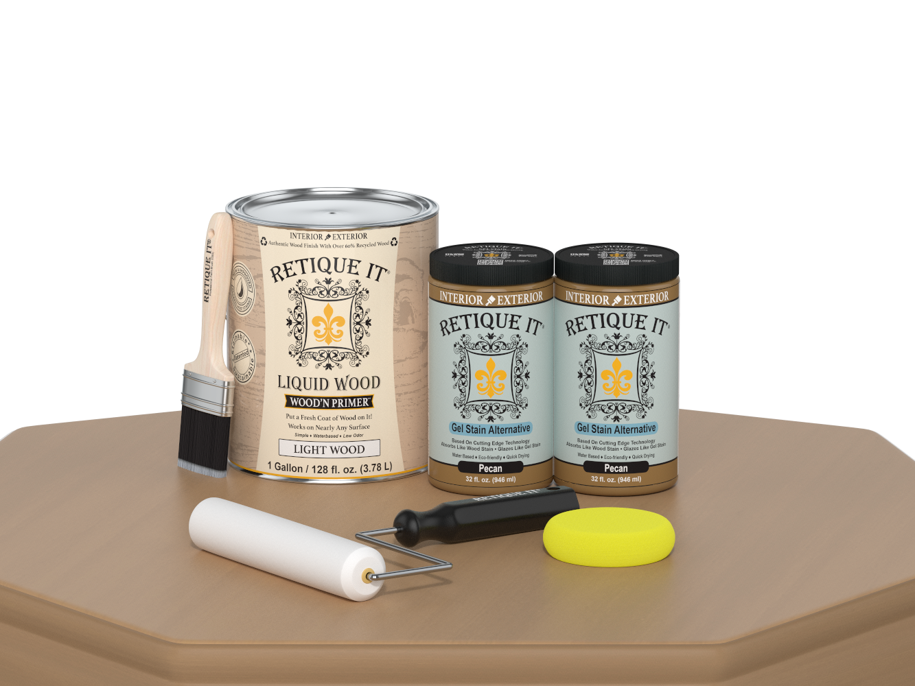 Retique It® Multi-purpose Smooth Finish Kit in Pecan with four large wood finish containers, suitable for furniture and wood projects.