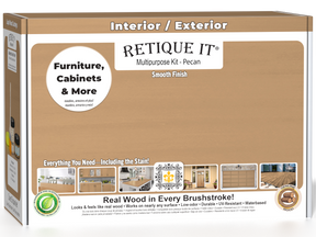 Retique It® Multi-purpose Smooth Finish Kit in Pecan for interior wood, includes top coat and application tools in a box.