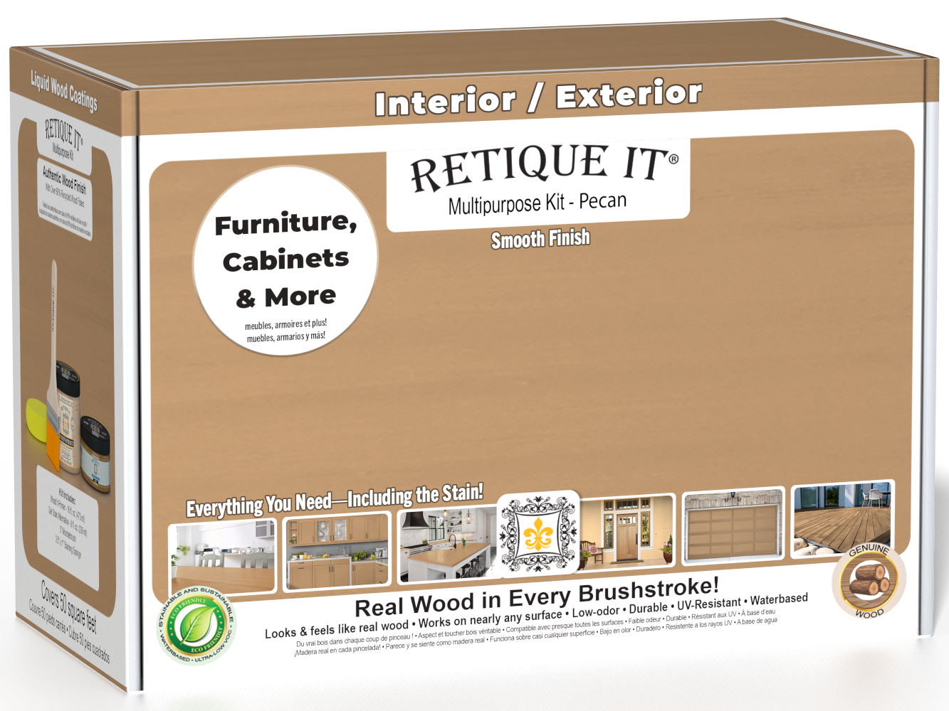Retique It® Multi-purpose Smooth Finish Kit in Pecan for exterior wood, includes top coat and matte finish components.