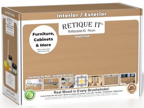 Retique It® Multi-purpose Smooth Finish Kit (Med) in Pecan, wood finish kit with applicator tools and finish options inside a box.