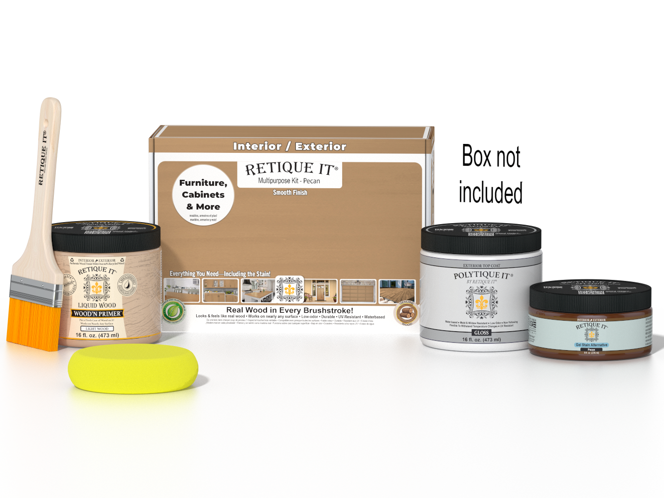 Retique It® Pecan Multi-purpose Smooth Finish Kit for exterior wood projects, includes top coat and application tools.