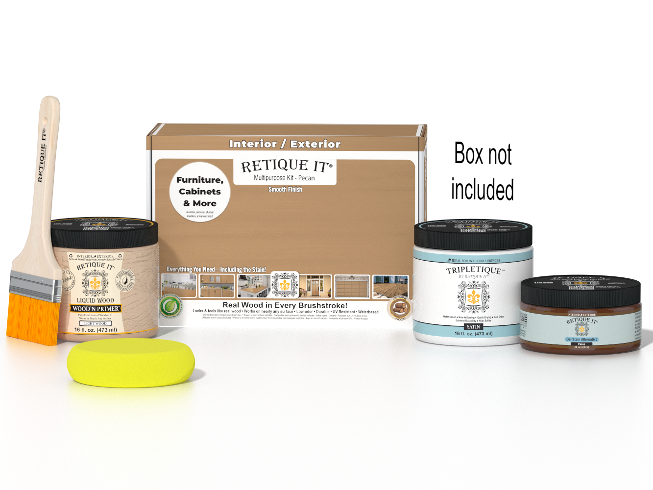 Retique It® Multi-purpose Smooth Finish Kit in Pecan, interior top coat for wood furniture and surfaces, includes application box.