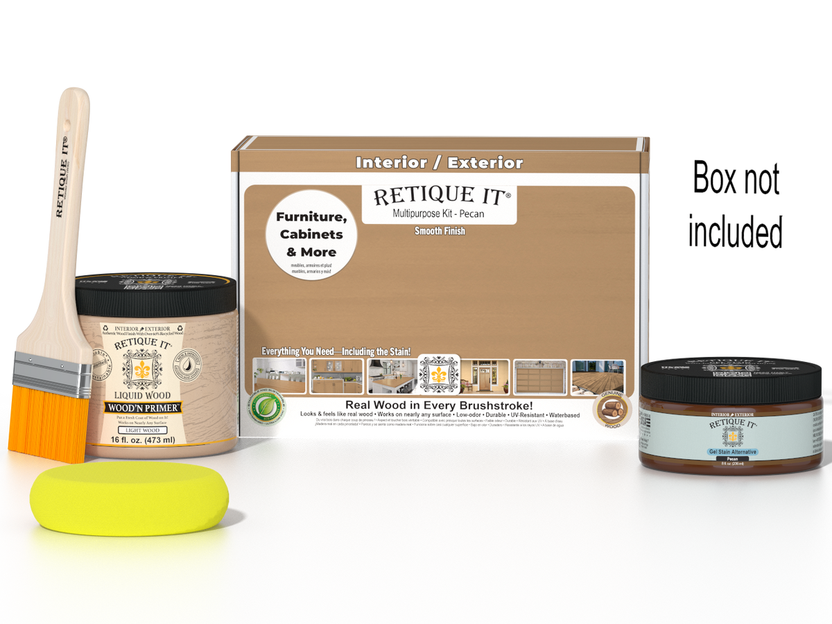 Retique It® Multi-purpose Smooth Finish Kit in Pecan for wood finishing, includes tools and supplies for a smooth, professional look.