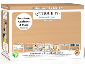 Large Pecan wood finish kit by Retique It® with smooth, matte exterior top coat, including tools and materials for wood finishing.