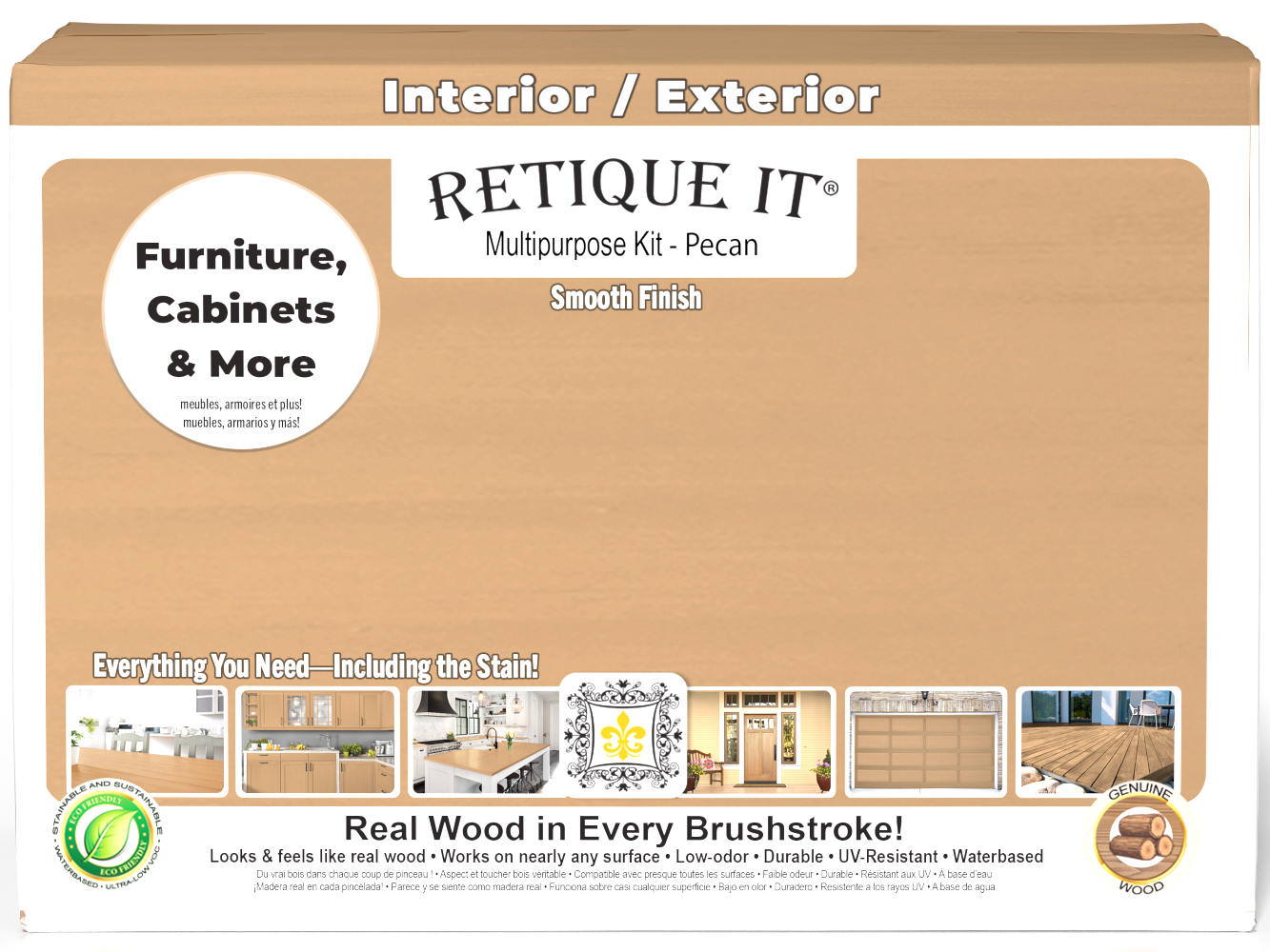 Large Pecan wood finish kit by Retique It® featuring smooth finish components in a box, ideal for multi-purpose wood projects.