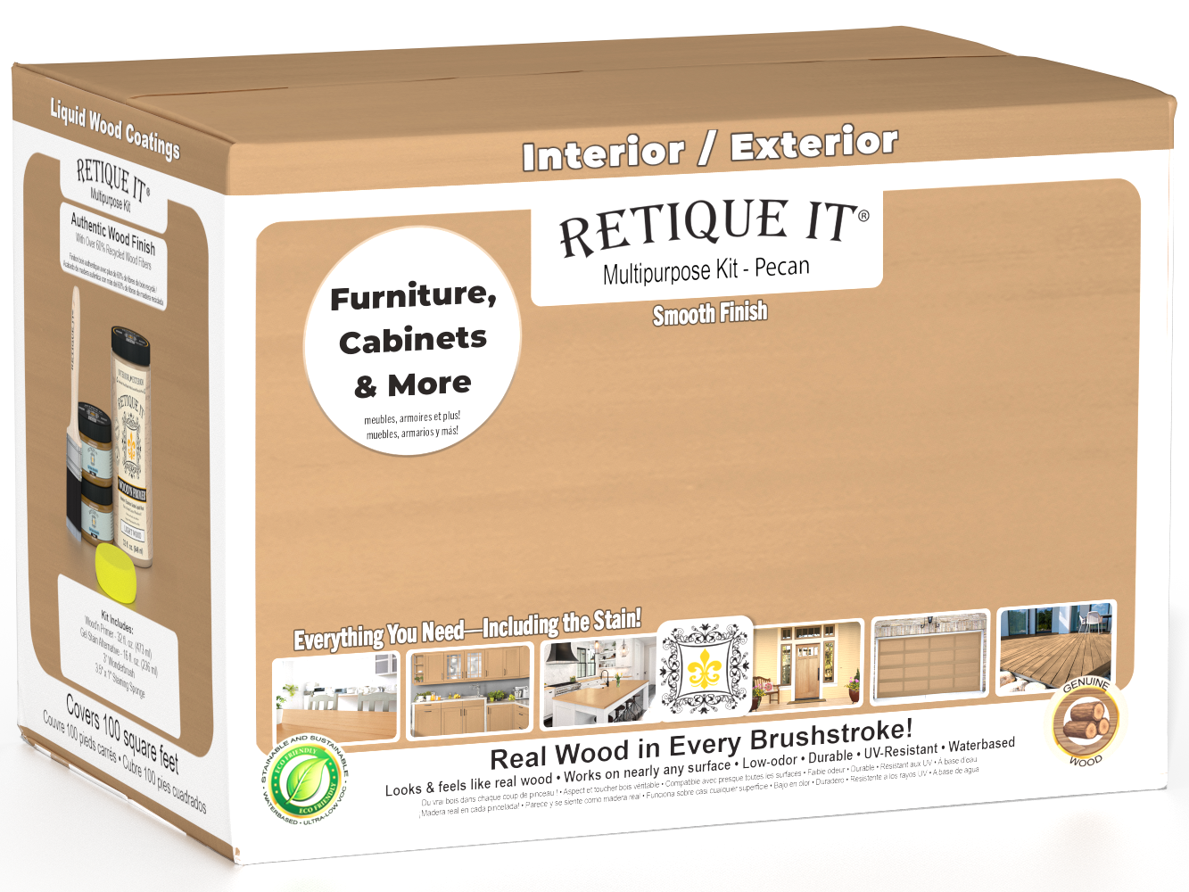 Large Pecan Multi-purpose Smooth Finish Kit by Retique It® for interior wood top coating, includes wood finish components.