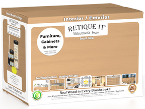 Large Pecan wood finish kit by Retique It® with smooth finish and multiple application tools for versatile wood restoration.