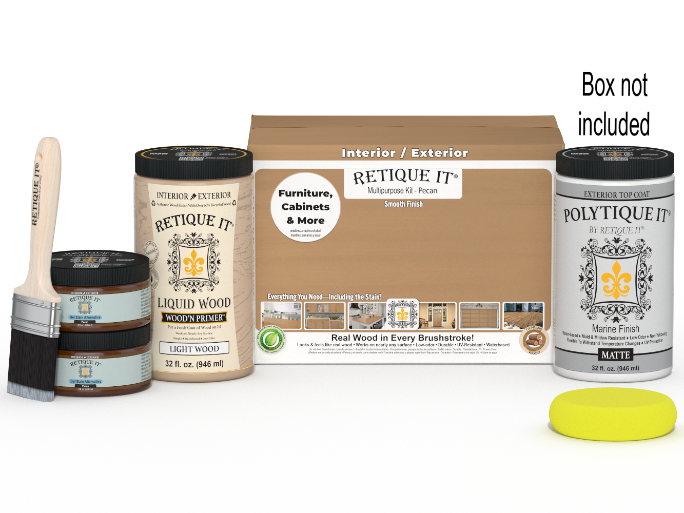 Large Pecan wood finish kit from Retique It® with exterior top coat and matte smooth finish, ideal for multi-purpose wood projects.