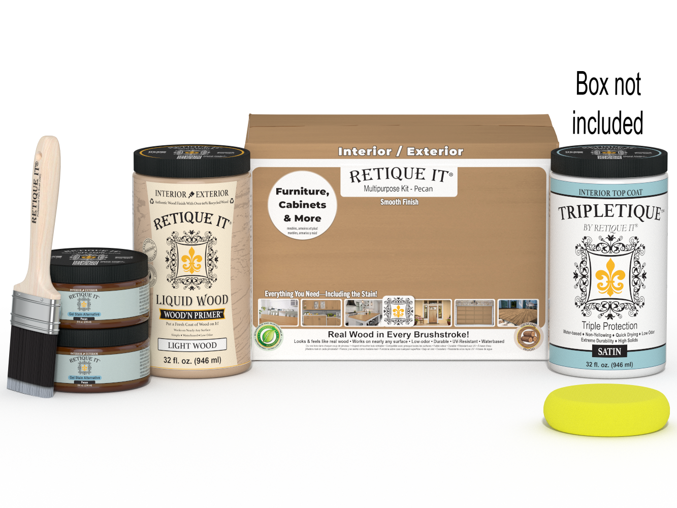 Large Pecan wood finish kit by Retique It® with smooth interior top coat, includes tools and supplies for wood finishing projects.