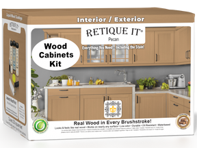 Retique It® Wood'n Cabinet Kit in Pecan with 24 smooth doors, stain for cabinetry, shown in box with cabinet doors.