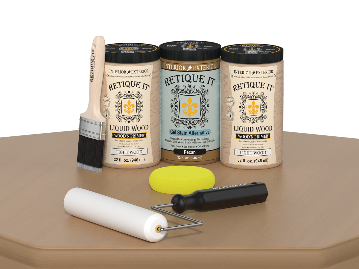 Retique It® Wood'n Cabinet Kit with 24 smooth pecan stain doors, perfect for upgrading kitchen or bathroom cabinets.