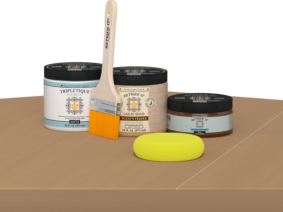 Retique It® Multi-purpose Smooth Finish Kit in Pecan for interior wood furniture with a matte top coat, includes application tools.
