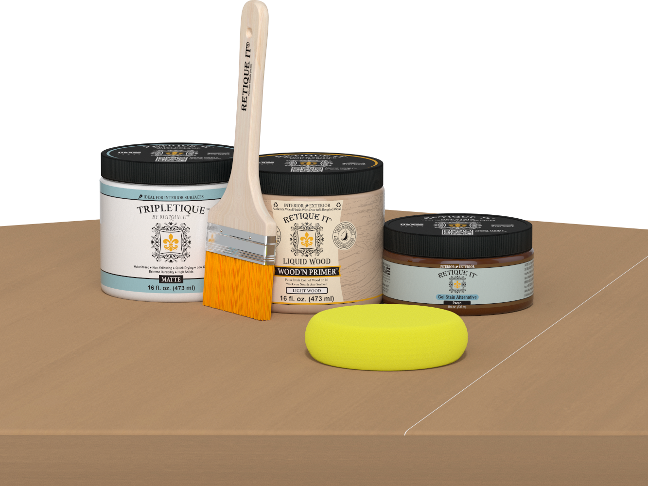 Retique It® Multi-purpose Smooth Finish Kit in Pecan for interior wood furniture with a matte top coat, includes application tools.