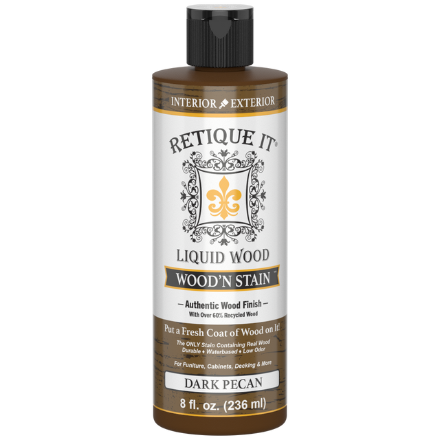 Retique It Liquid Wood Wood'n Stain in Dark Pecan, 8 oz bottle, showcasing the stain's rich, dark wood finish.