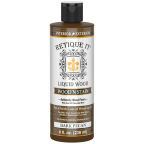 Dark Pecan Liquid Wood Wood'n Stain by Retique It in 8 oz bottle, showing a rich, deep brown stain for wood finishing.