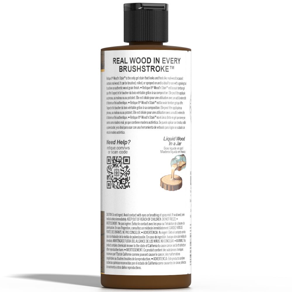Dark Pecan wood stain from Retique It Liquid Wood Wood'n Stain 8 oz bottle, showing the rich, dark stain color and product label.