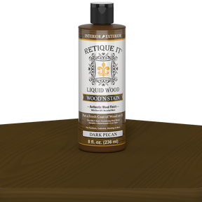 Dark Pecan Liquid Wood Wood'n Stain by Retique It in an 8 oz bottle, showing a rich, dark stain for wood surfaces.