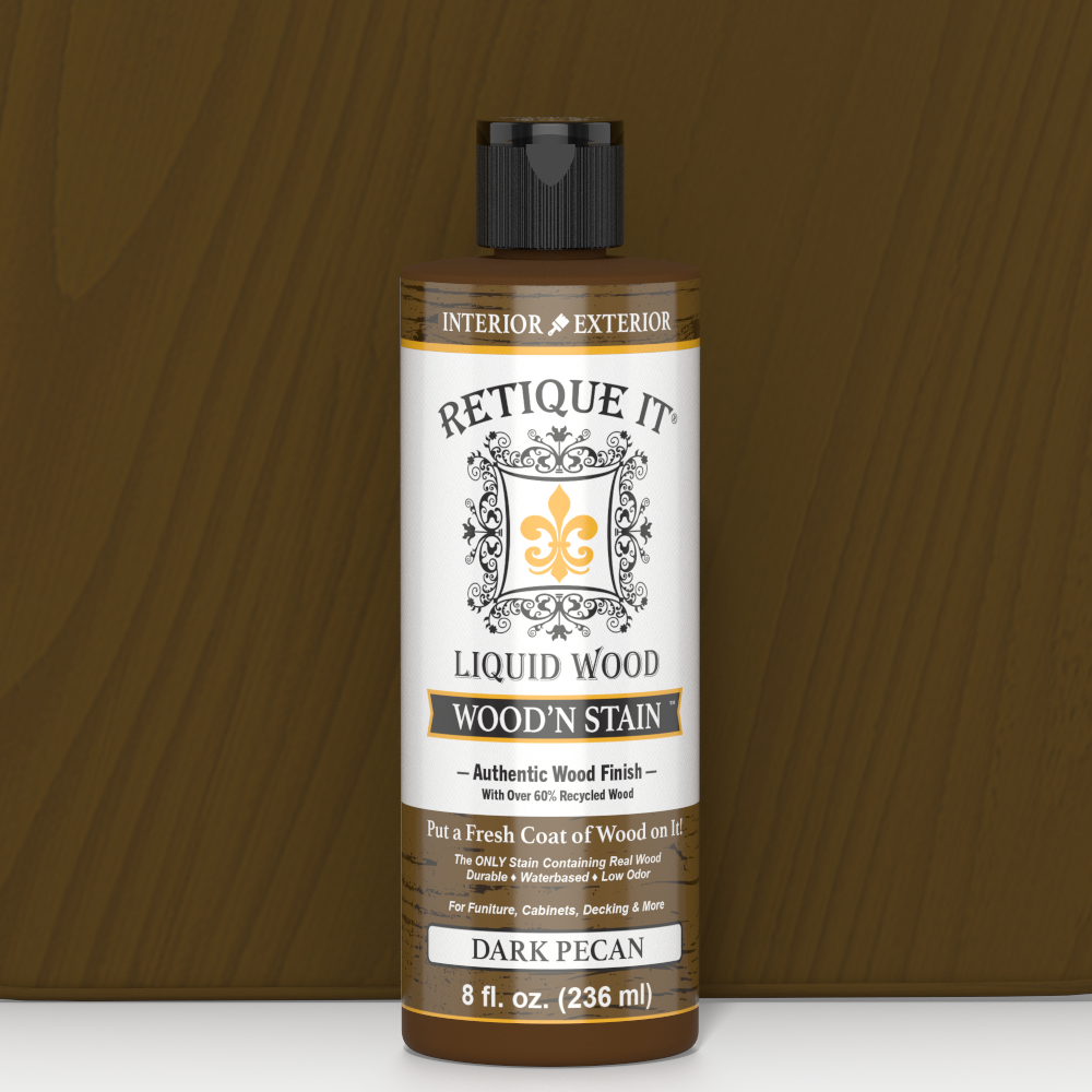 Dark Pecan wood stain in an 8 oz bottle from Retique It Liquid Wood Wood'n Stain, showing the rich, dark stain color.
