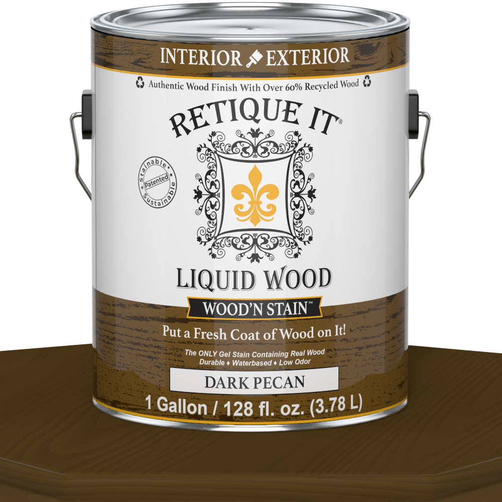 Liquid Wood Wood'n Stain in Dark Pecan by Retique It, 128 oz bottle, showing the dark stain color and product packaging.