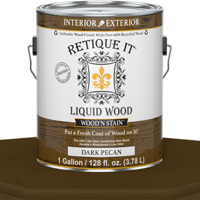 Liquid Wood Wood'n Stain in Dark Pecan by Retique It, 128 oz bottle, showing the dark stain color and product packaging.