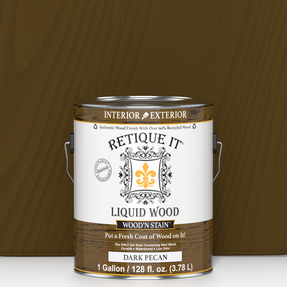 Retique It Liquid Wood Wood'n Stain in Dark Pecan, 128 oz bottle, showing the dark stained wood surface with the stain container.