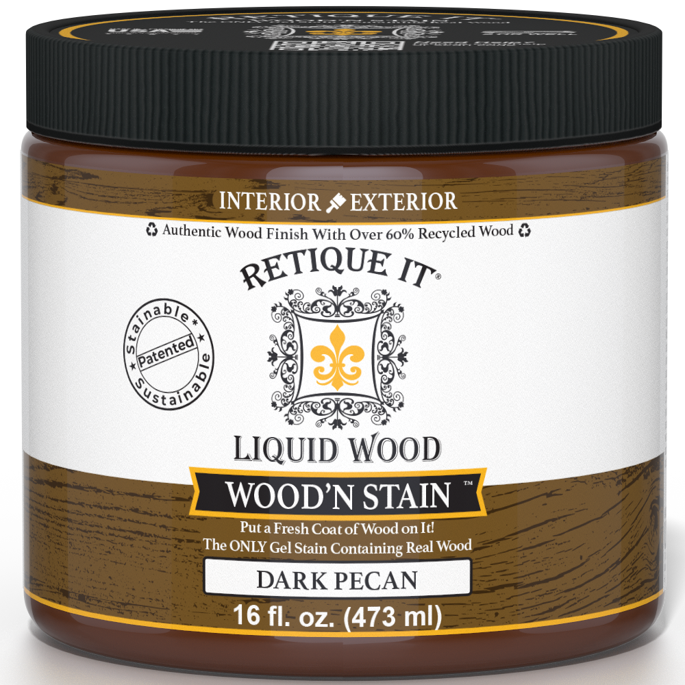 Retique It Liquid Wood Wood'n Stain in Dark Pecan, 16 oz bottle, showcasing the stain's rich dark pecan color for wood projects.