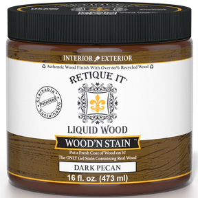 Retique It Liquid Wood Wood'n Stain in Dark Pecan, 16 oz bottle, showcasing the stain's rich dark pecan color for wood projects.