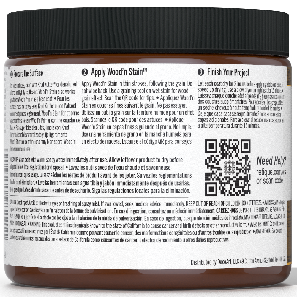 Liquid Wood Wood'n Stain by Retique It in Dark Pecan 16 oz bottle, showcasing the rich stain color and packaging.