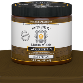 Liquid Wood Wood'n Stain by Retique It in Dark Pecan, 16 oz bottle with a wood stain and finish in a natural wood grain appearance.